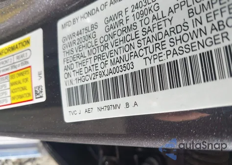 2018 Honda Accord Touring 2.0T из США, поврежденный, VIN 1HGCV2F9XJA003503